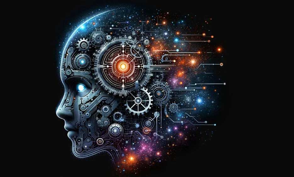 Digitale Illustration eines menschlichen Profils mit Zahnrädern, Schaltkreisen und leuchtenden Elementen, symbolisiert KI-Integration in Marketingstrategien – Media Beats GmbH