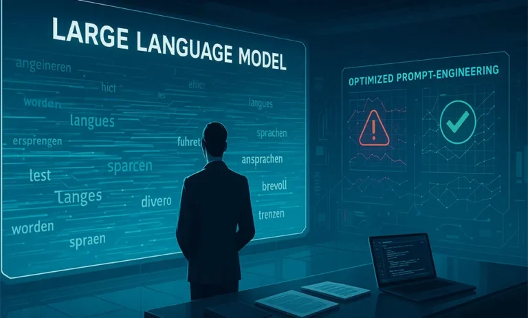 Mann vor futuristischer Wand mit Text „Large Language Model“ und „Optimized Prompt-Engineering“ – Media Beats GmbH