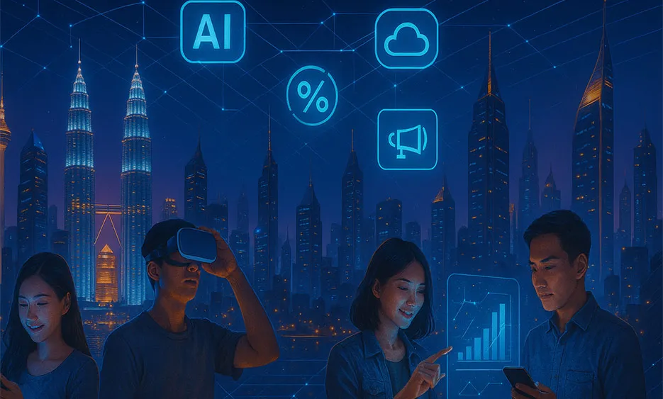 Südostasiatische Fachkräfte nutzen KI und digitale Tools vor moderner Stadtkulisse bei Nacht – Media Beats