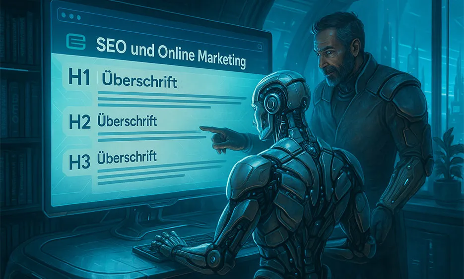 Mensch und KI analysieren SEO-Hierarchie mit H1, H2, H3 Überschriften auf großem Bildschirm – Media Beats