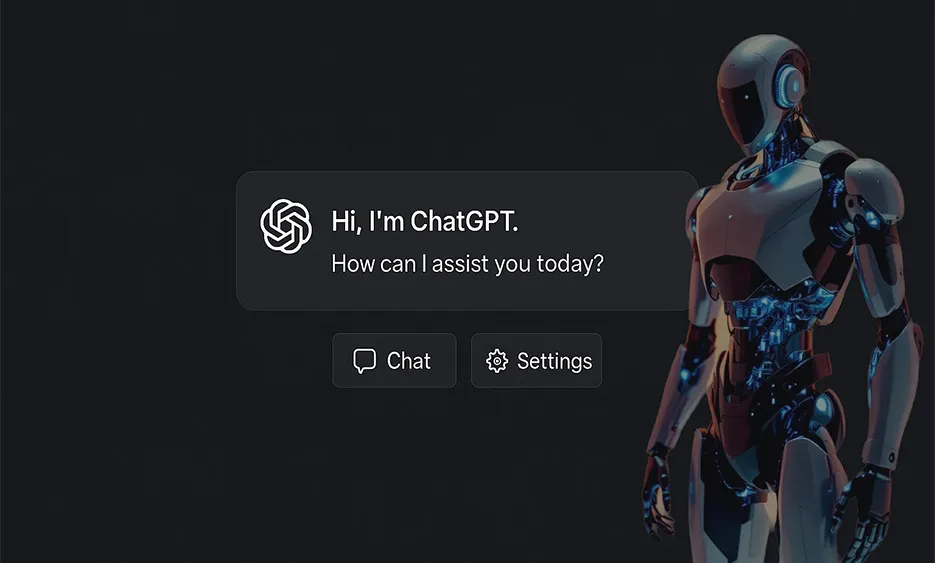 KI und SEO: Roboter mit ChatGPT-Begrüßung und Benutzeroberfläche vor dunklem Hintergrund – Media Beats