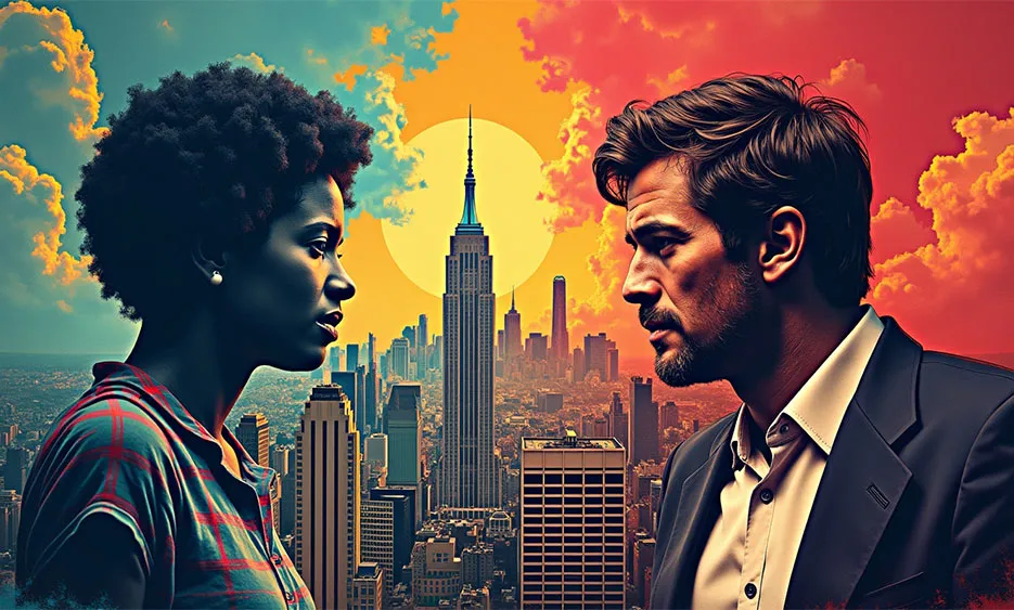 Frau und Mann vor New Yorker Skyline mit kontrastreichem Himmel – Media Beats