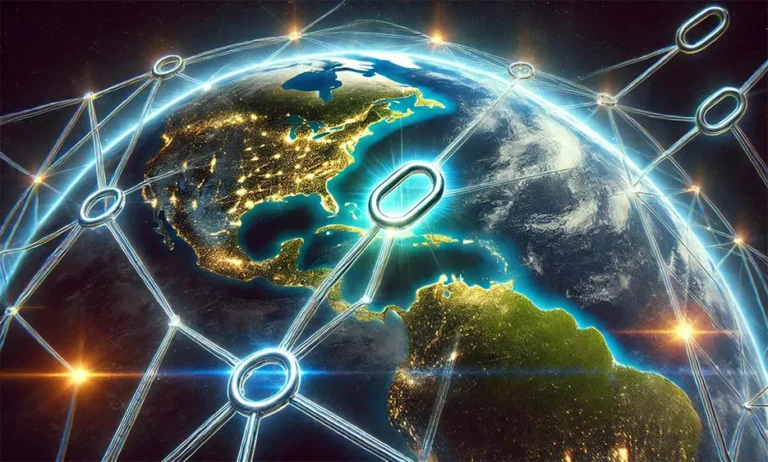 Digital vernetzter Globus mit leuchtenden Verbindungslinien und Link-Symbolen – Media Beats GmbH