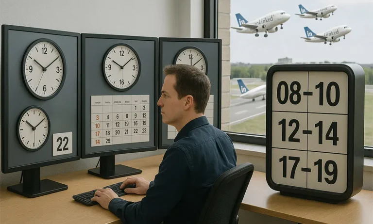 Mann am Schreibtisch mit drei Monitoren, die Uhren, Kalender und LinkedIn-Logos zeigen, im Büro mit Flugzeugen draußen – Media Beats GmbH