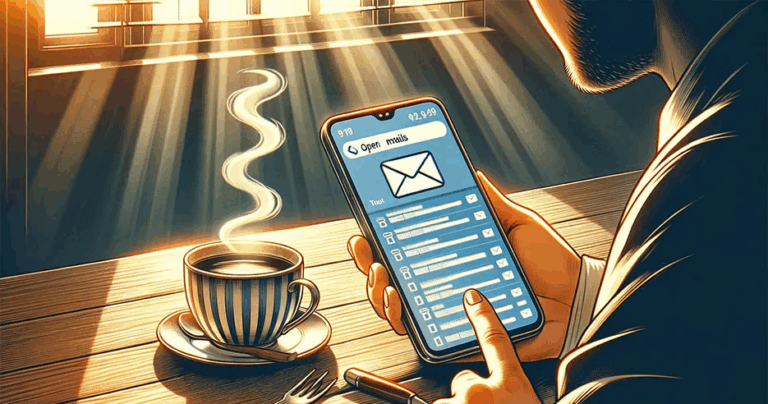 Person hält Smartphone mit geöffnetem E-Mail-Postfach neben dampfender Kaffeetasse. - Media Beats