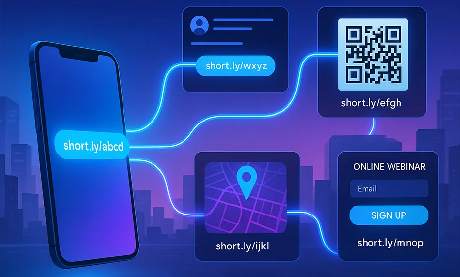 Smartphone mit verbundenen URL-Shortener-Links, QR-Code, Standortmarkierung und Webinar-Anmeldung – Media Beats