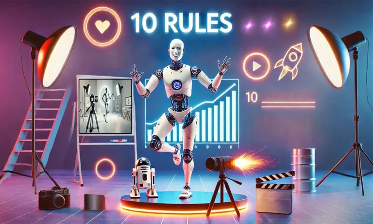 Roboter im Fotostudio mit Filmkamera und Beleuchtung, Visualisierung von „10 Regeln für Content Creator“