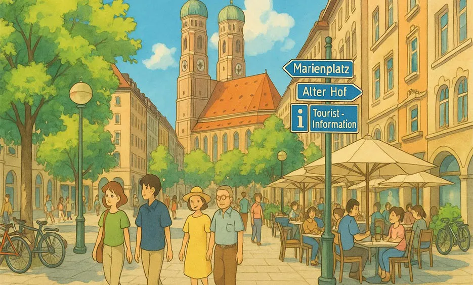 Illustration Fußgängerzone München mit Menschen, Straßencafés und Wegweisern zu Marienplatz und Alter Hof