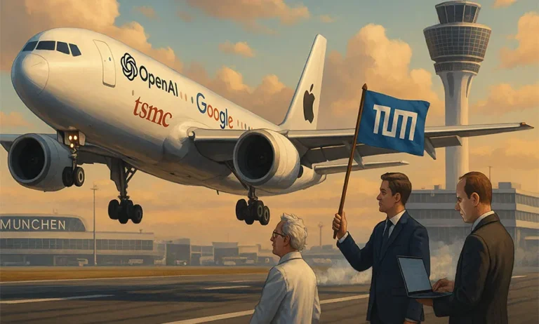 Illustration Flughafen München mit Flugzeug beklebt mit Logos von OpenAI, Google, Apple und TSMC, Personen mit TUM-Flagge