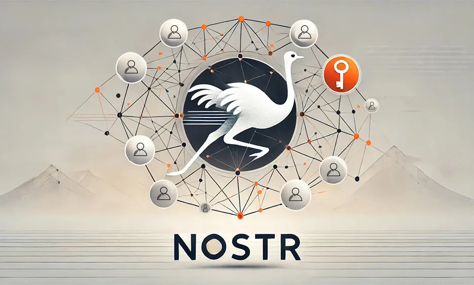 Nostr Netzwerk-Logo mit vernetzten Profil-Icons und Schlüssel-Symbol, abstrahierte Wüstenlandschaft