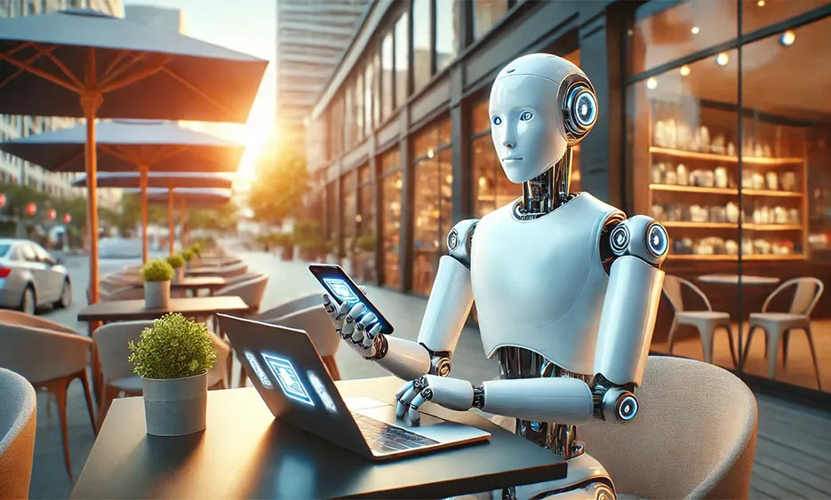 Roboter arbeitet draußen mit Smartphone und Laptop in modernem Café bei Sonnenuntergang