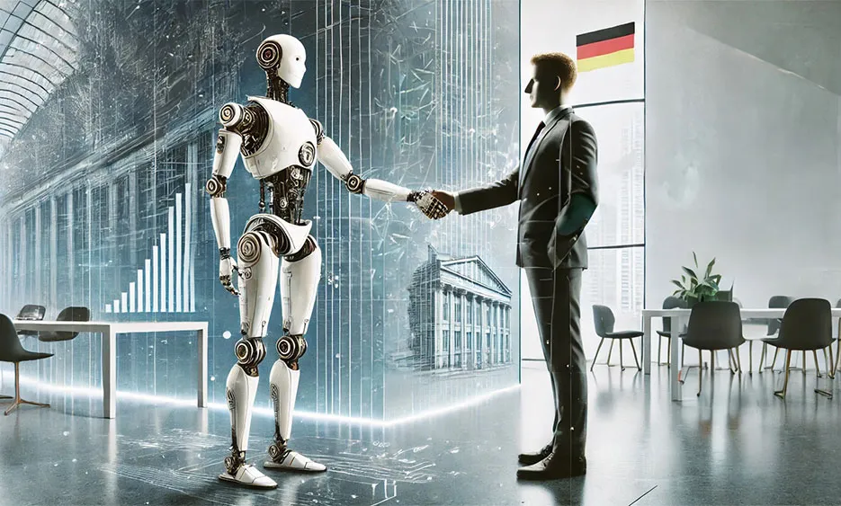 Roboter und Geschäftsmann schütteln sich die Hand im modernen Büro mit deutscher Flagge