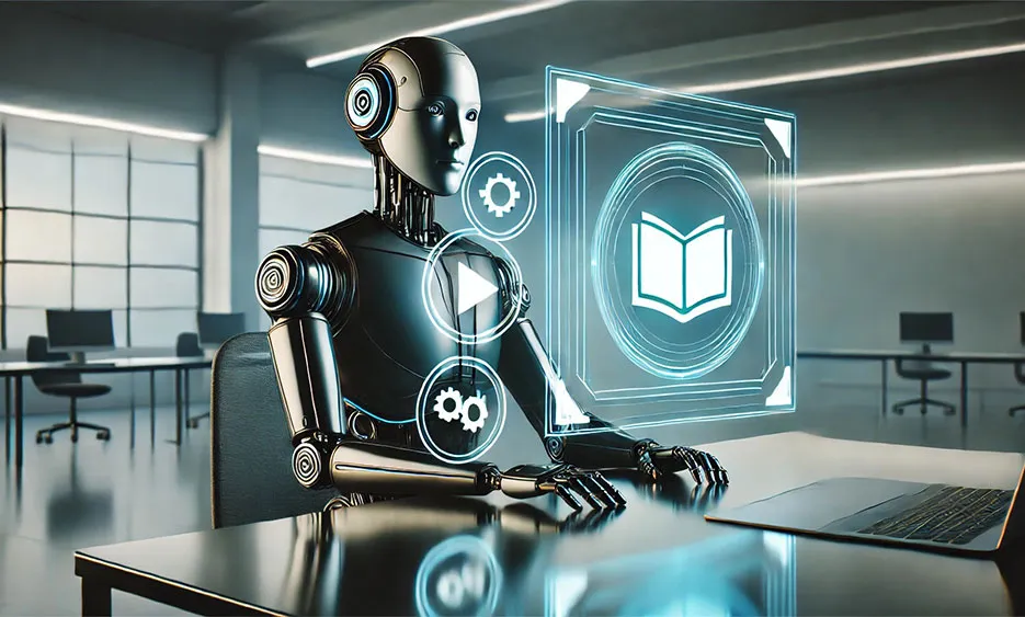 Roboter nutzt Laptop mit holografischen Icons Buch und Play, Online Marketing Kurse