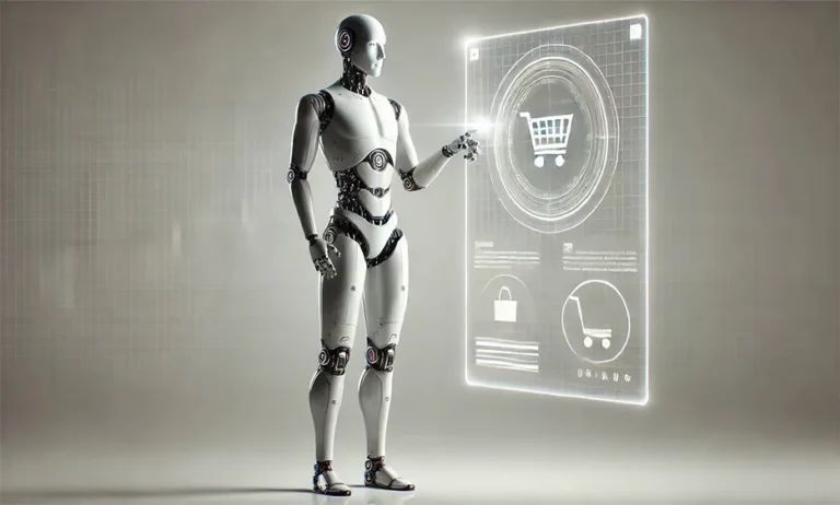 Roboter interagiert mit holografischem Interface Einkaufswagen, Online Shop ROI