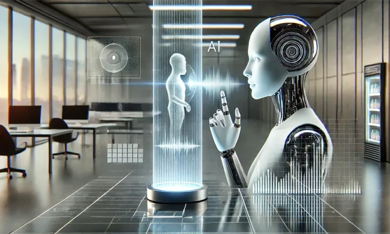 Roboter interagiert mit holografischem Mensch-Avatar und Datenvisualisierungen in modernem Büro. - Media Beats