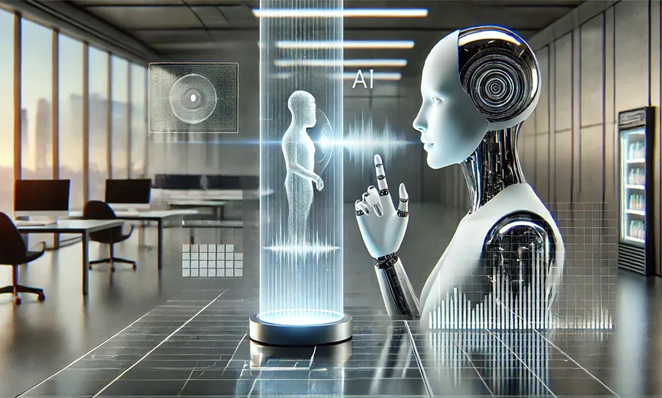 Roboter interagiert mit holografischem Mensch-Avatar und Datenvisualisierungen in modernem Büro. - Media Beats