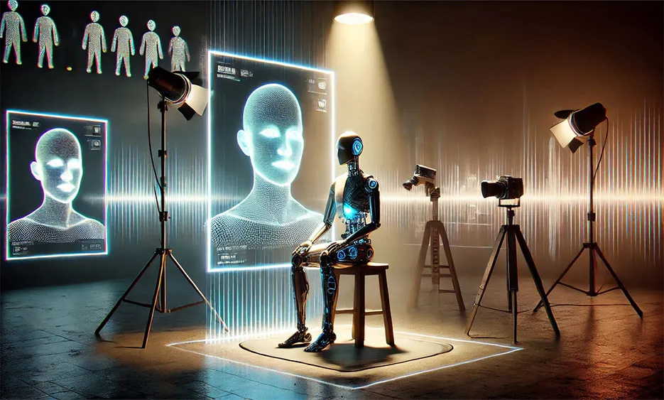 Roboter sitzt im Fotostudio, digitale Gesichtsvermessung, OpenAI Sora Kontroverse