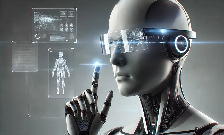 Futuristischer Roboter mit High-Tech-Brille und holografischem Display, Orion Meta Glasses Part Two