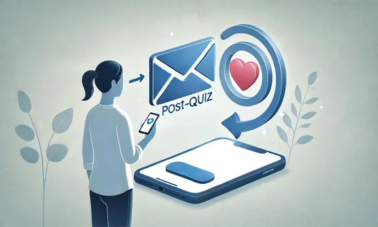 Illustration einer Frau mit Smartphone und symbolischer Post-Quiz E-Mail, Herz und Pfeil als Zeichen für effektive E-Mail-Marketing-Strategie