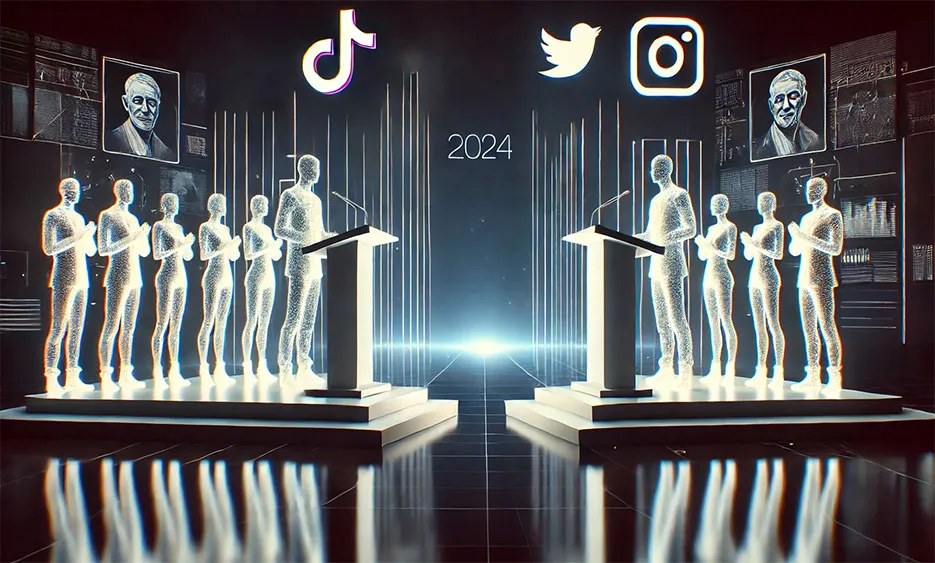 Digitales Bild von holografischen Figuren auf zwei Rednerpulten mit TikTok, Twitter und Instagram Symbolen, die prominente Influencer im US-Wahlkampf 2024 symbolisieren