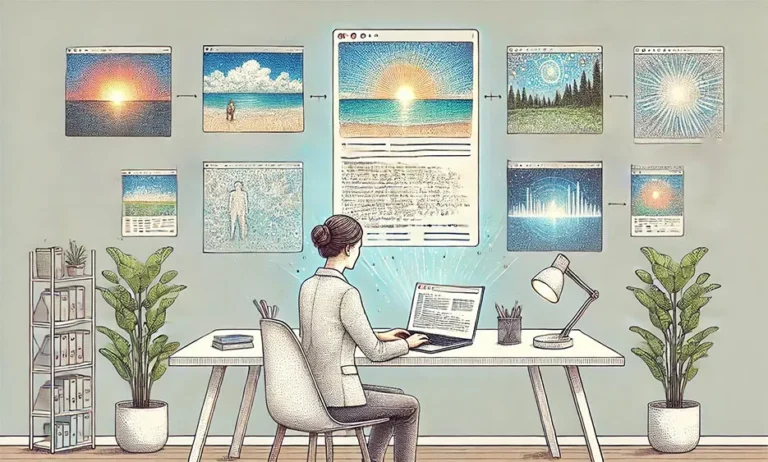 Frau arbeitet am Laptop, umgeben von schwebenden Fenstern mit Bildern und Texten, die den Prozess des Prompt-Engineerings zeigen.