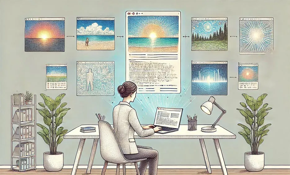 Frau arbeitet am Laptop, umgeben von schwebenden Fenstern mit Bildern und Texten, die den Prozess des Prompt-Engineerings zeigen.