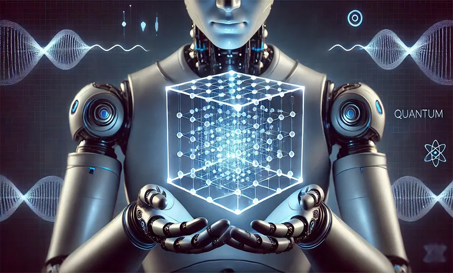 Roboter hält einen leuchtenden Würfel, symbolisiert Quantencomputer-Technologie, umgeben von DNA-Strängen und Technologie-Icons.