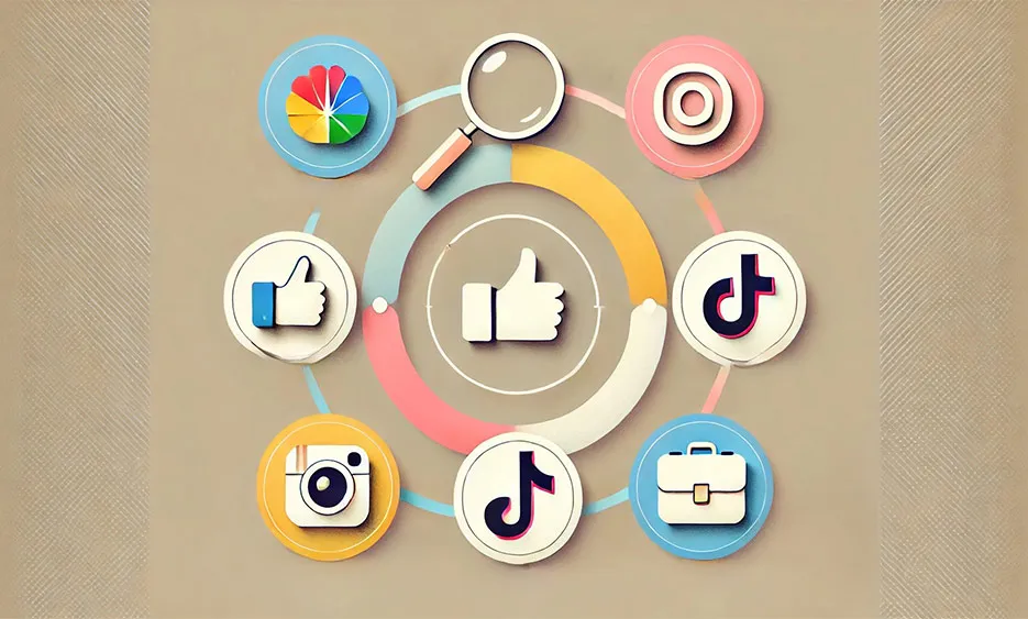 Grafische Darstellung von Social-Media- und SEA-Plattformen mit Symbolen wie Like, Suchlupe, Instagram, TikTok, Business-Koffer, umkreist von einem bunten Kreisdiagramm.