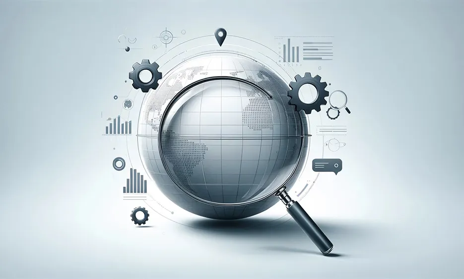 Lupe vergrößert eine stilisierte Weltkugel, umgeben von Symbolen für Analyse, Einstellungen und Standort.