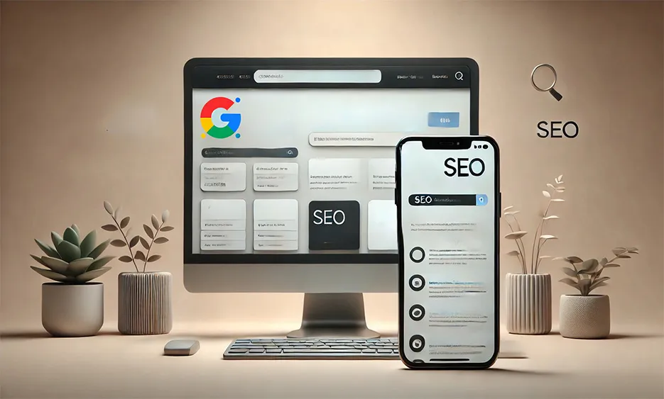 Ein Desktop-Computer und ein Smartphone zeigen Suchergebnisseiten mit dem Fokus auf SEO, umgeben von Topfpflanzen und einem Lupensymbol.