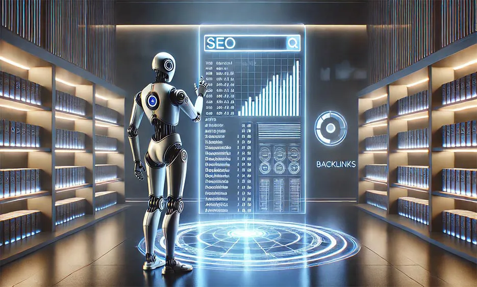 Ein humanoider Roboter steht in einem modernen, gut beleuchteten Raum mit Bücherregalen und analysiert eine schwebende holografische Anzeige mit SEO-Daten und Diagrammen. Rechts neben dem Roboter ist das Wort „BACKLINKS“ sichtbar.