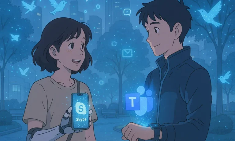 Eine junge Frau mit einer Prothese hält ein Smartphone mit dem Skype-Logo. Ein junger Mann zeigt auf seiner Smartwatch ein holografisches Microsoft Teams-Logo. Beide lächeln sich an, umgeben von leuchtenden Symbolen digitaler Kommunikation in einem Park bei Nacht.
