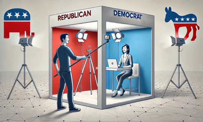 Person filmt Wahlkampf-Content im roten republikanischen und blauen demokratischen Medienstudio, mit Parteisymbolen im Hintergrund. - Media Beats