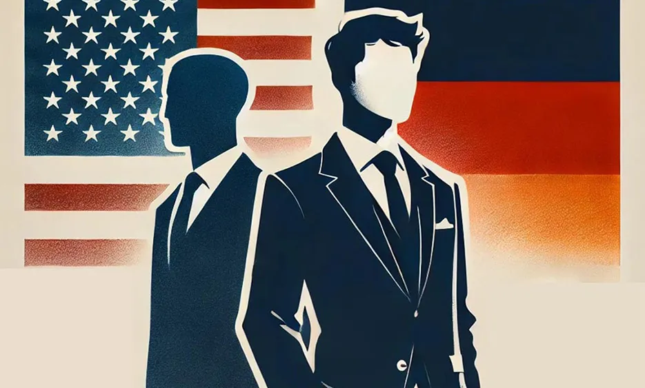 Zwei geschäftsmäßig gekleidete Männer vor amerikanischer und deutscher Flagge, symbolisieren Social Media Vergleich USA vs. Deutschland. - Media Beats