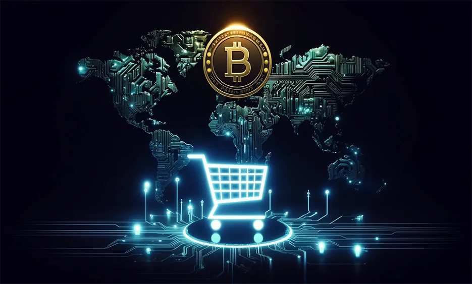 Leuchtender Einkaufswagen vor einer Weltkarte aus Leiterplatten, darüber ein Bitcoin-Symbol. - Media Beats