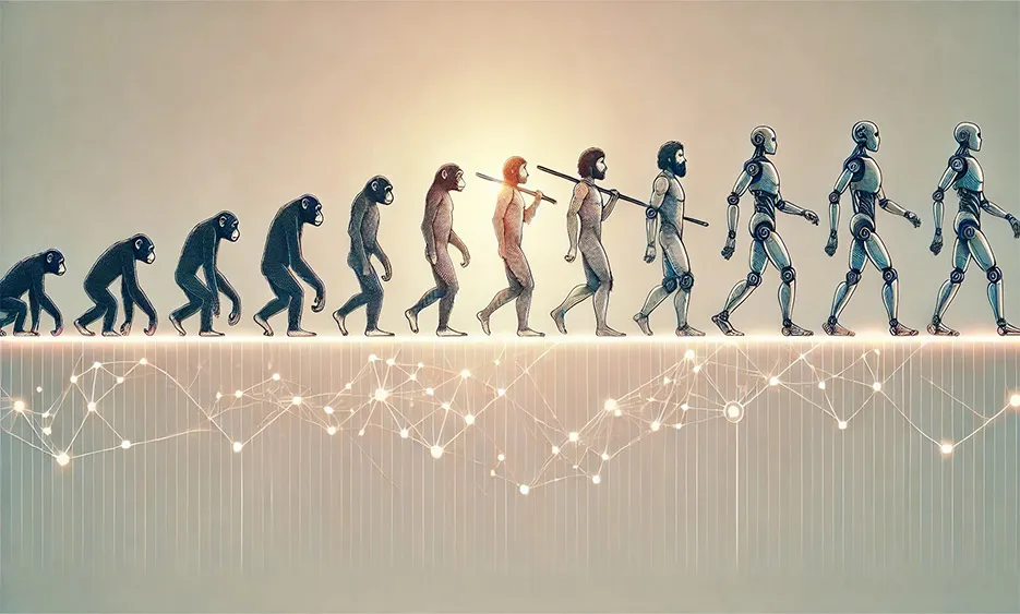 Evolution von Affe zu humanoidem Roboter mit darunterliegenden Netzwerk- und Datenlinien. - Media Beats