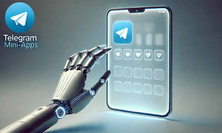 Roboterhand tippt auf Smartphone mit Telegram-Logo und Mini-Apps, digitales Interface. - Media Beats