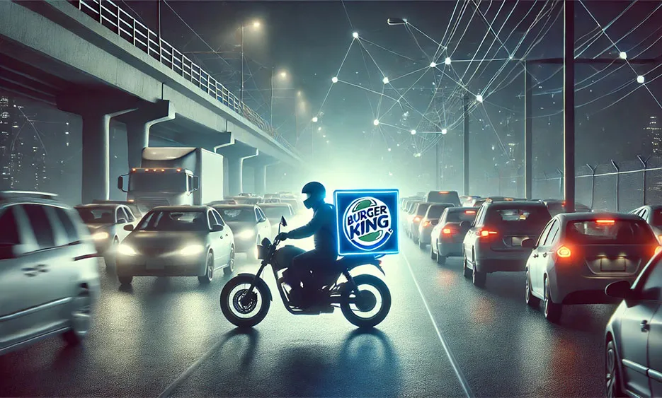 Motorradfahrer mit leuchtendem Burger King Lieferkasten im dichten Verkehr bei Nacht. - Media Beats