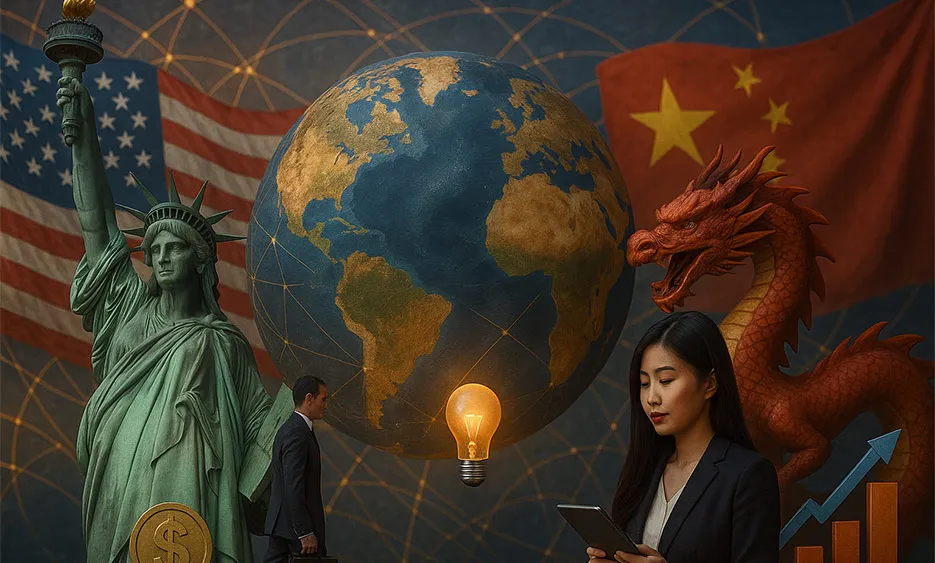 Globus, Freiheitsstatue und chinesischer Drache mit US- und China-Flagge, symbolisiert globalen Wettbewerb. - Media Beats