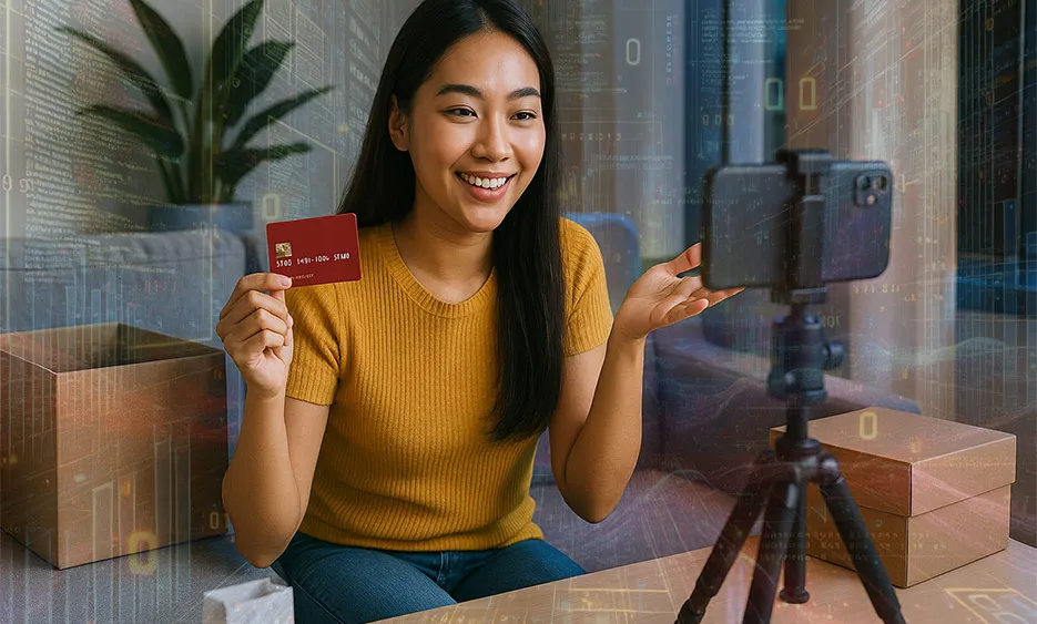 Frau zeigt Kreditkarte vor Smartphone bei Video-Commerce-Livestream. - Media Beats