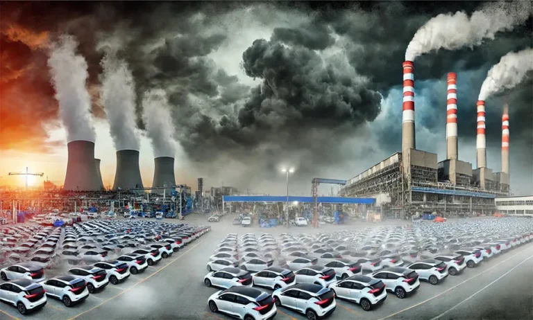 Volkswagen-Fahrzeuge vor Fabrik mit rauchenden Schornsteinen, Umweltverschmutzung sichtbar. - Media Beats