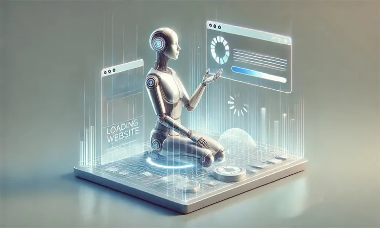 Roboter sitzt auf holografischer Tastatur und steuert eine Ladeanzeige für eine Website. - Media Beats