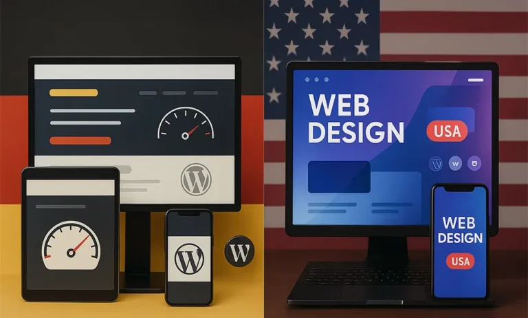 Vergleich von Webdesign und Website-Performance auf verschiedenen Geräten vor Deutschland- und USA-Flaggen. - Media Beats