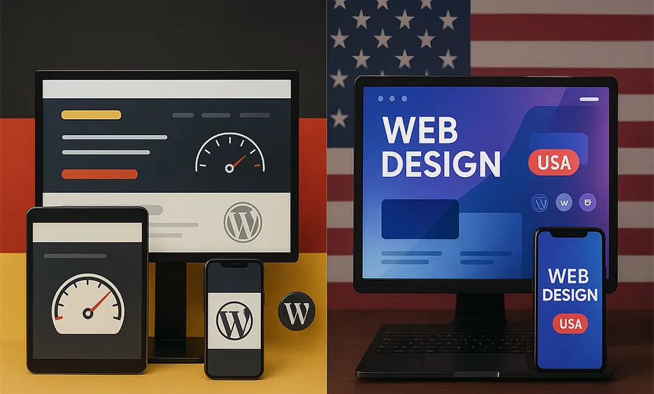 Vergleich von Webdesign und Website-Performance auf verschiedenen Geräten vor Deutschland- und USA-Flaggen. - Media Beats