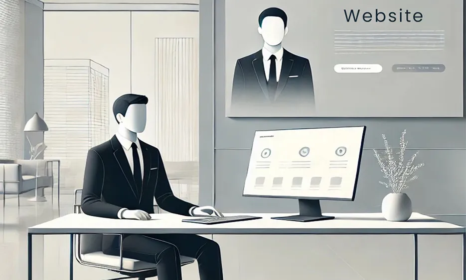 Geschäftsmann ohne Gesicht sitzt am Schreibtisch vor Monitor mit Website-Layout, Büro im Hintergrund. - Media Beats