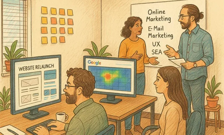 Team arbeitet an Website-Relaunch mit Google-Heatmap und Online-Marketing-Strategie im Büro. - Media Beats