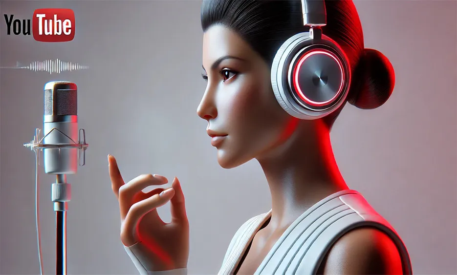 Frau mit Kopfhörern spricht in Mikrofon, YouTube-Logo im Hintergrund. - Media Beats