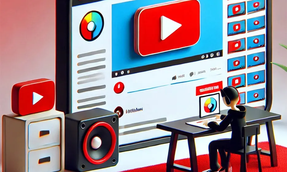 Person sitzt am Schreibtisch und erstellt YouTube-Thumbnails, großer Bildschirm mit YouTube-Oberfläche im Hintergrund. - Media Beats