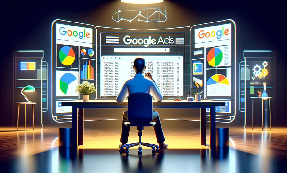Person sitzt vor drei großen Bildschirmen mit Google Ads und Diagrammen, arbeitet an Keywords. - Media Beats