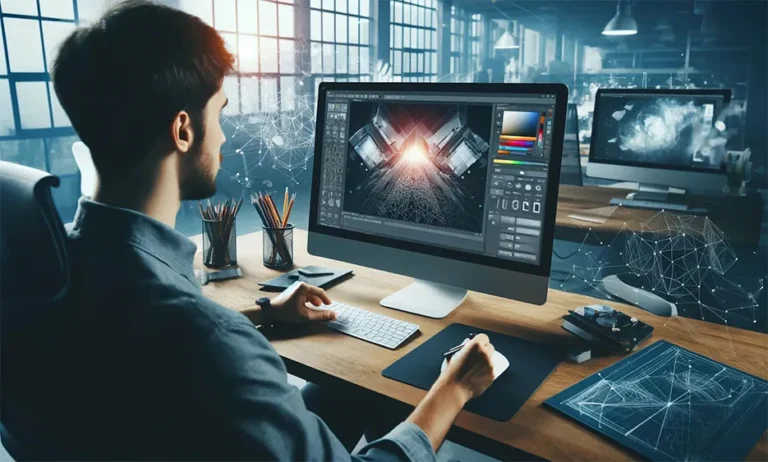 Mann arbeitet am Computer mit Grafiksoftware, digitale Entwürfe und 3D-Modelle sichtbar. - Media Beats